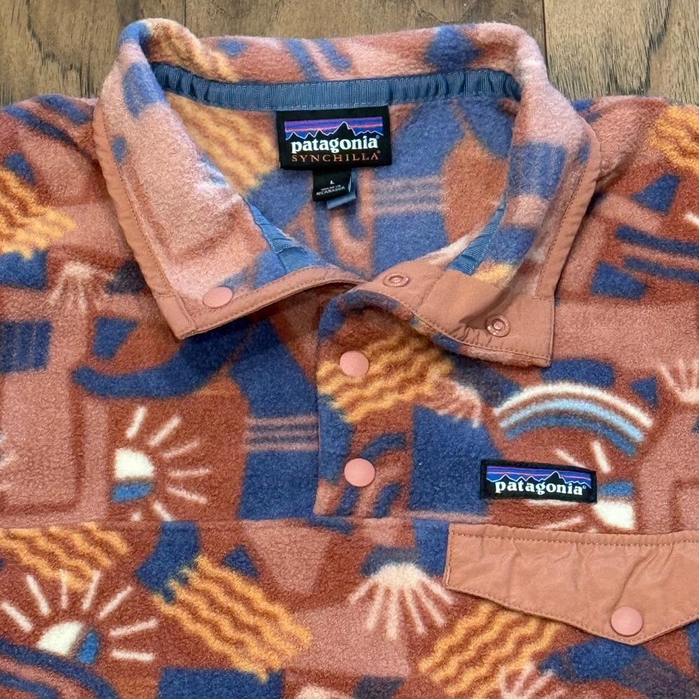 Patagonia Synchilla Snap-T Fleece Pullover Geometric Sun Print Orange Blue L